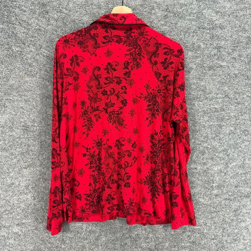 Soma Sleepshirt Women L Large Red Floral Button Up Collared Long Sleeve Rayon